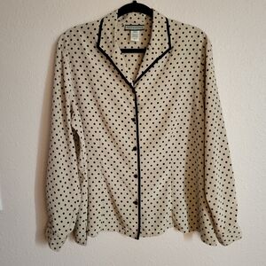 Notations Tan Beige Black Polka Dot Retro Vintage Button Up Collared Long Sleeve
